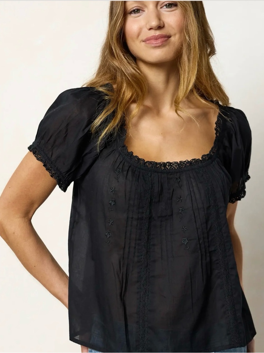 Natural Life Black Lace-Trim Peasant Blouse